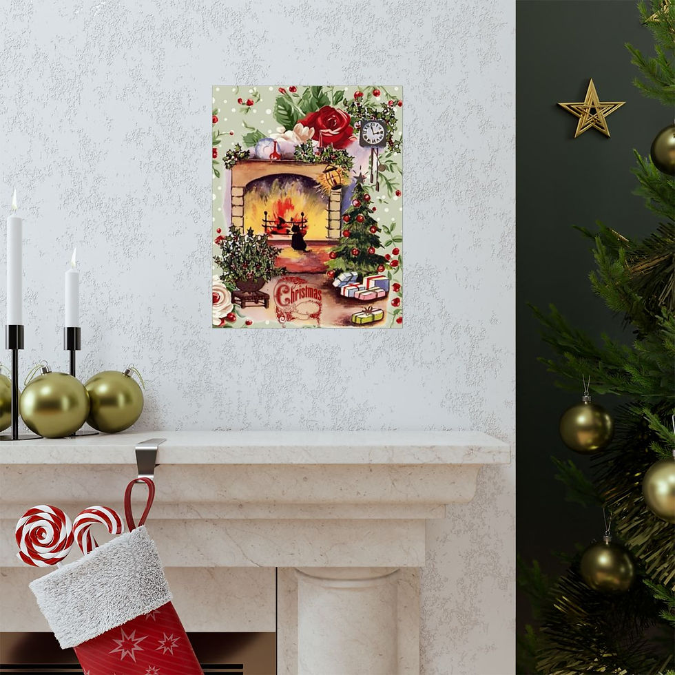 Thumbnail: Shabby Retro Christmas Art Print Vintage Cat Holiday Decor Kitten by Fireplace