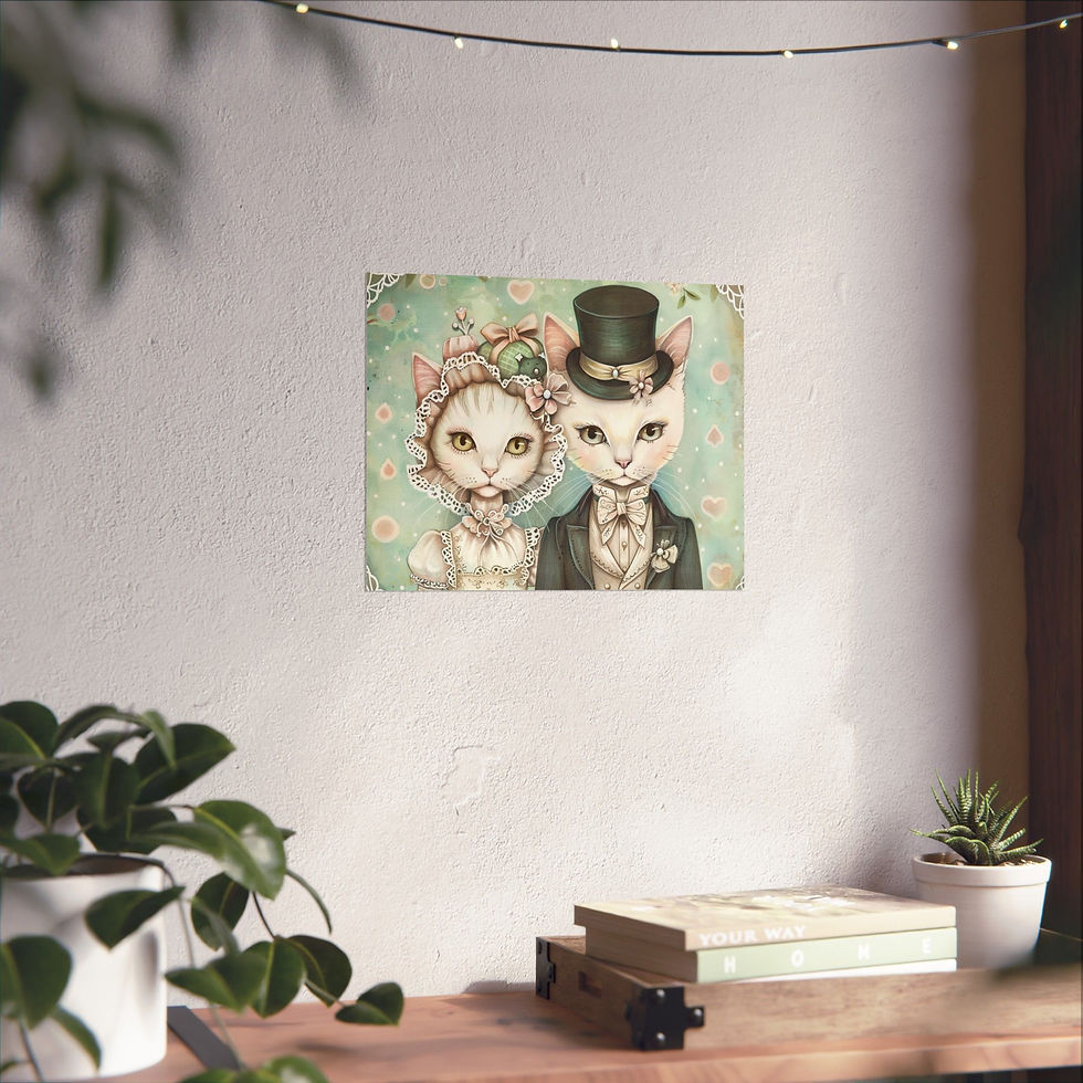Thumbnail: Shabby Cat Couple Giclee Print Victorian Cats in Hats Pink Mint Cat Lover Gift