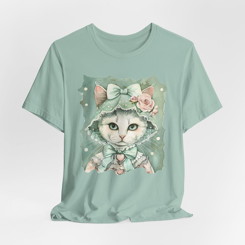 Thumbnail: Victorian Cat Art T-Shirt Shabby Mint & Pink Hat Roses Artistic Cat Lover Gift