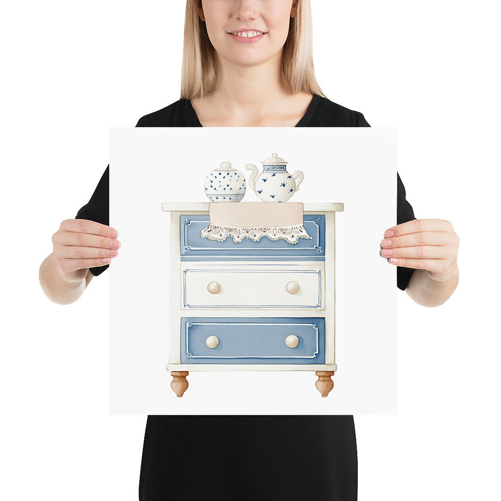 Thumbnail: French Country Decor, Blue and White Watercolor Art Print, Bedroom Artwork