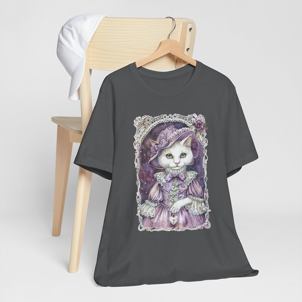 Thumbnail: Victorian White Cat Art T-Shirt Shabby Bonnet Hat Pastel Artistic Cat Lover Gift