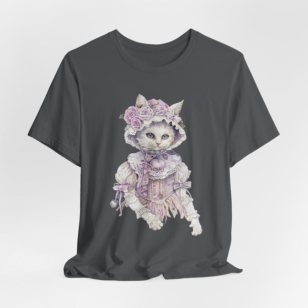Thumbnail: Victorian White Cat Art T-Shirt Shabby Roses Bonnet Hat Artistic Cat Lover Gift