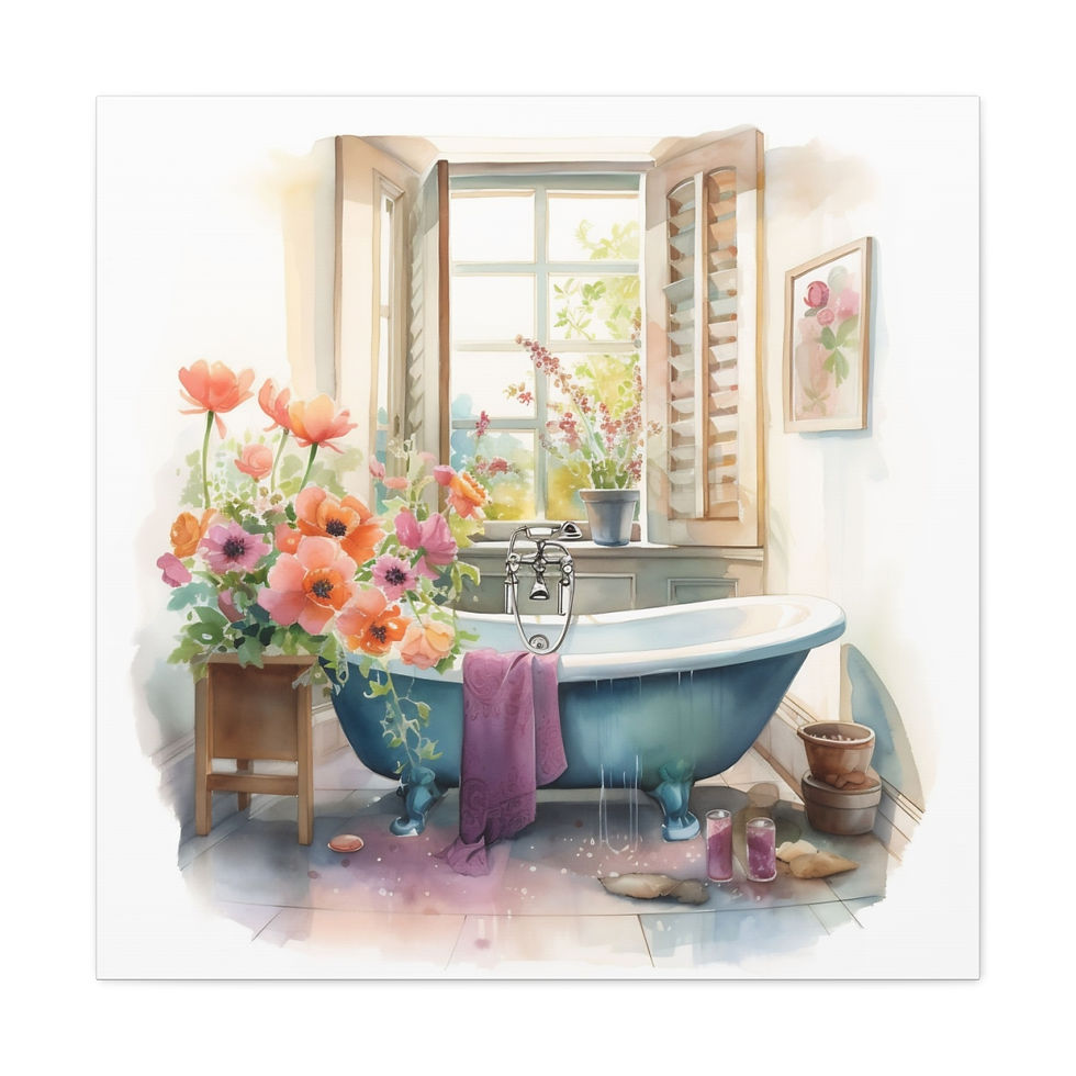 Thumbnail: Shabby French Country Bathroom Canvas Art Clawfoot Tub Flowers Watercolor Print