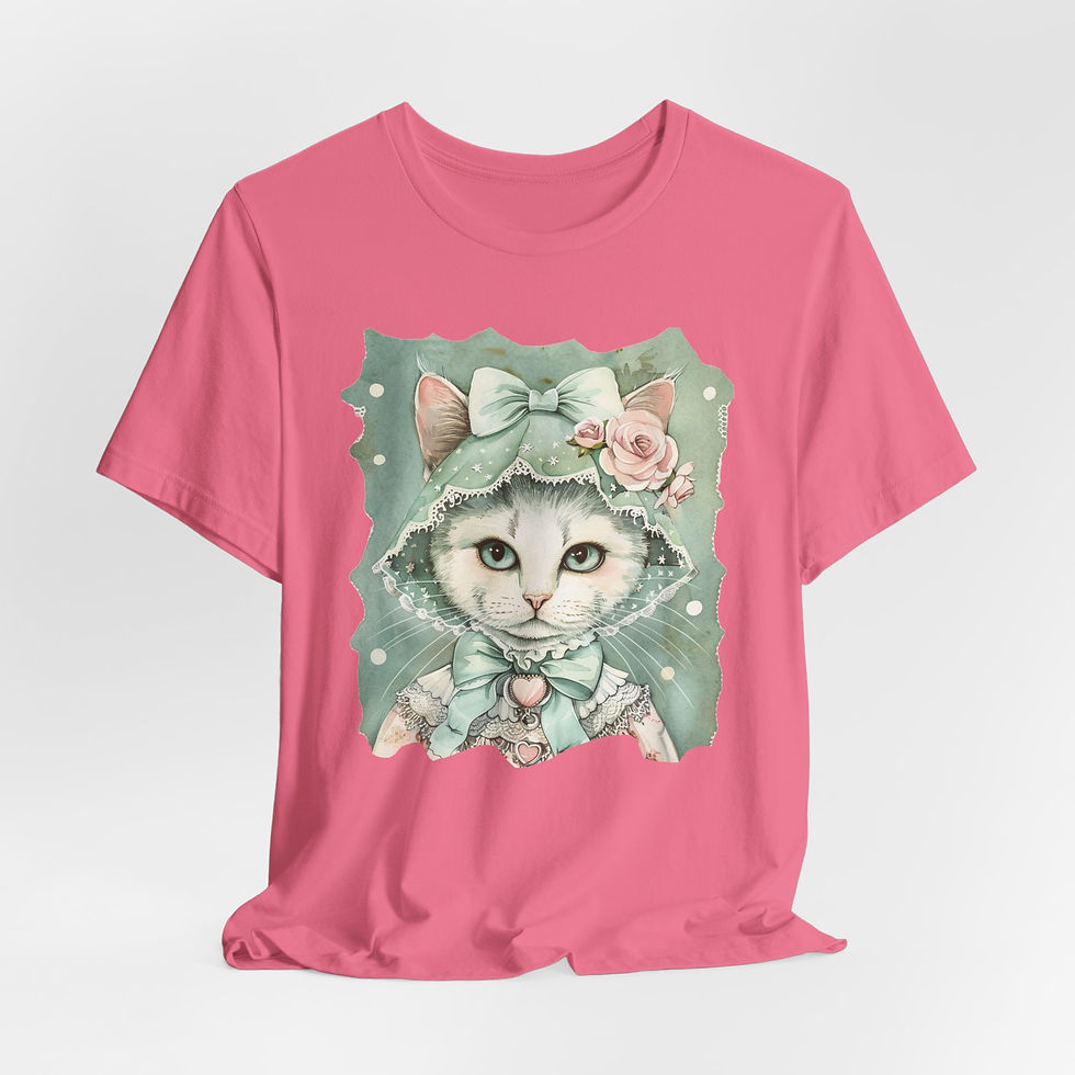 Thumbnail: Victorian Cat Art T-Shirt Shabby Mint & Pink Hat Roses Artistic Cat Lover Gift