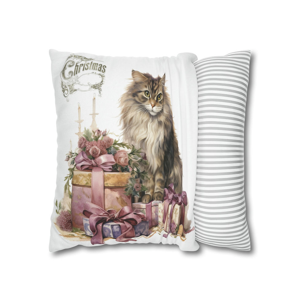 Thumbnail: Shabby Cat Christmas Throw Pillow cover Purple Victorian Kitty Holiday Decor