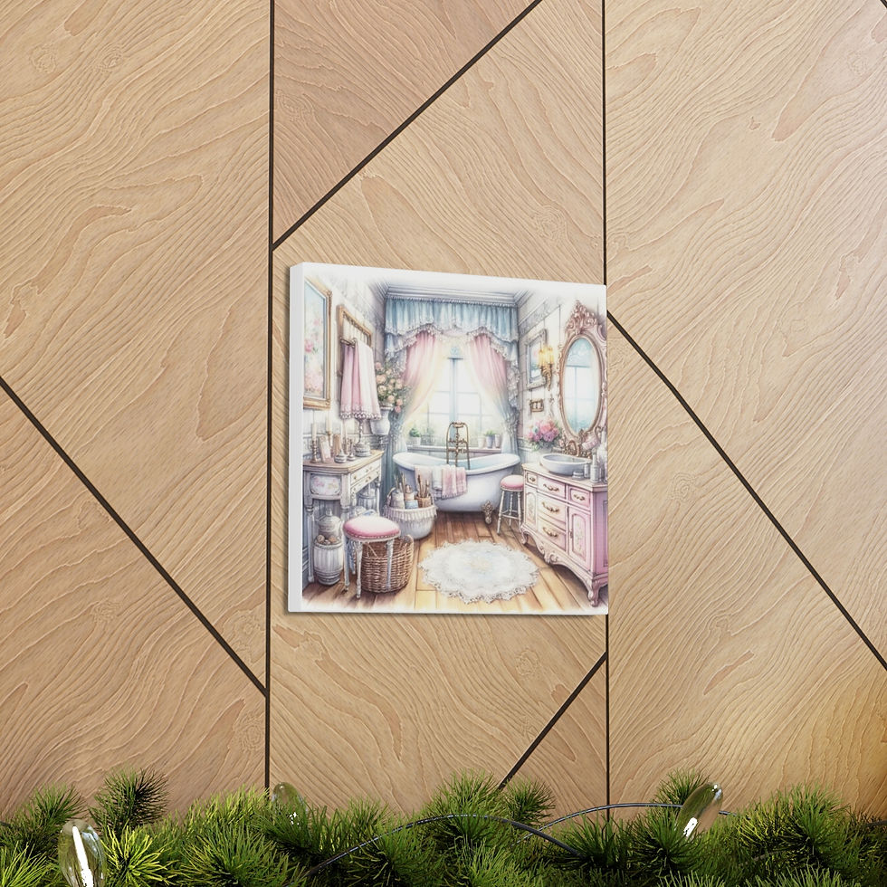 Thumbnail: Shabby Pink French Bathroom Canvas Art Clawfoot Tub Pastel Watercolor Print