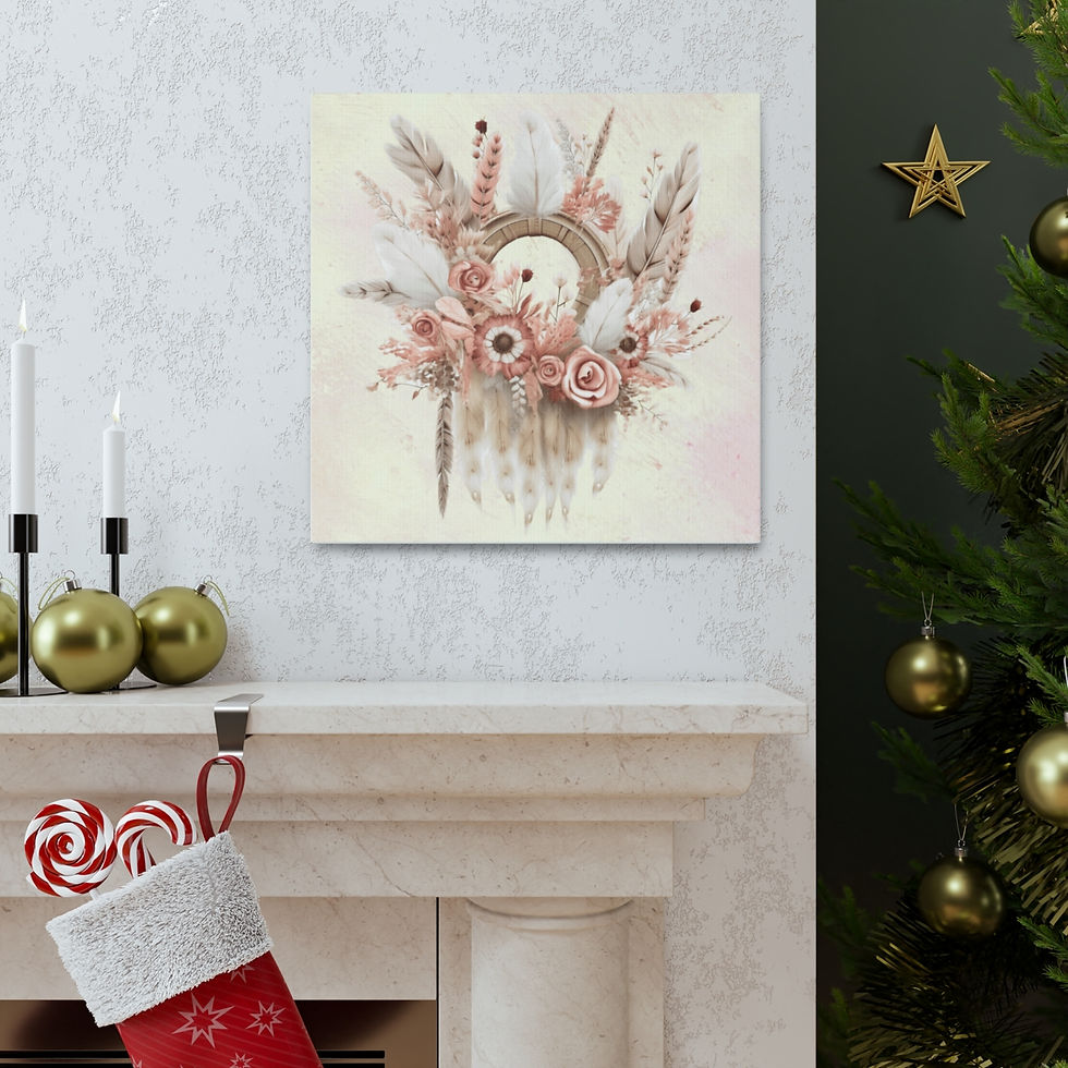 Thumbnail: Shabby Boho Canvas Art Feather and Flower Floral Wreath Statement Wall Decor 