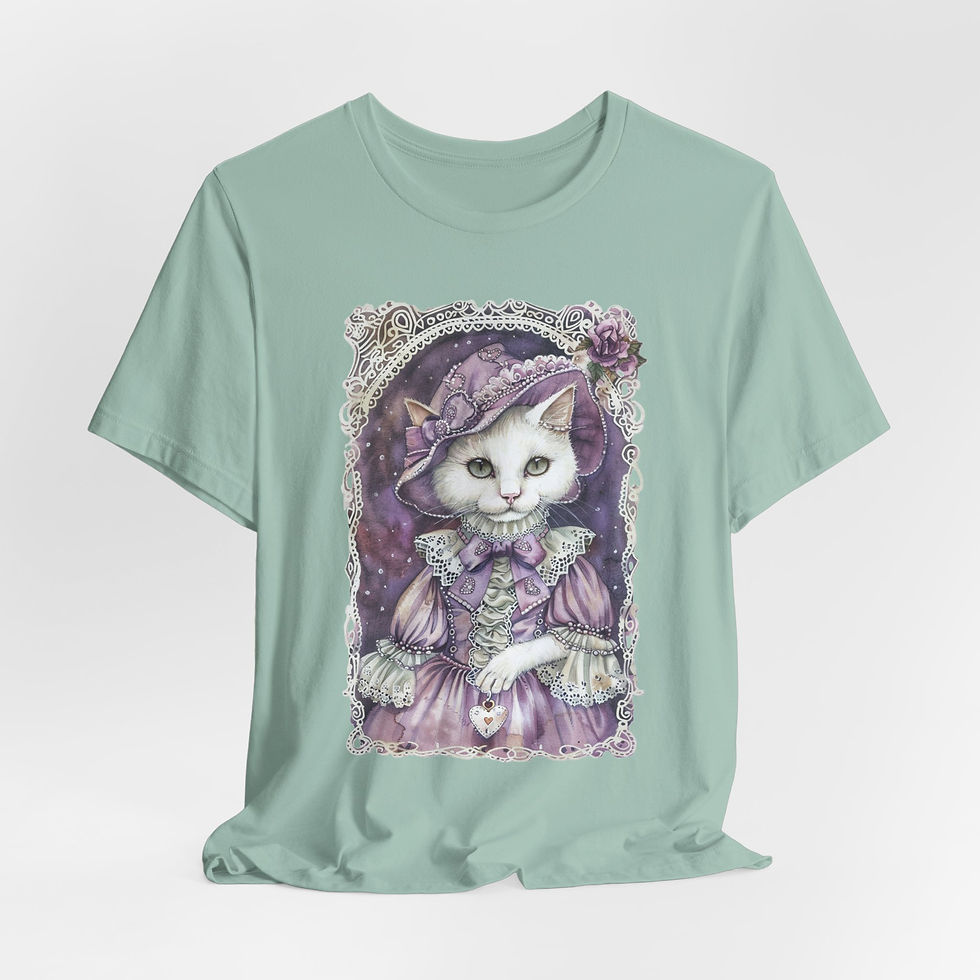 Thumbnail: Victorian White Cat Art T-Shirt Shabby Bonnet Hat Pastel Artistic Cat Lover Gift