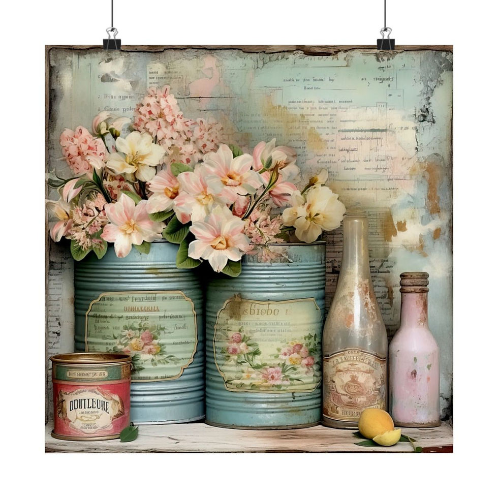 Thumbnail: Shabby French Farmhouse Art Print Pastel Distressed Jars & Flowers Kitchen Decor
