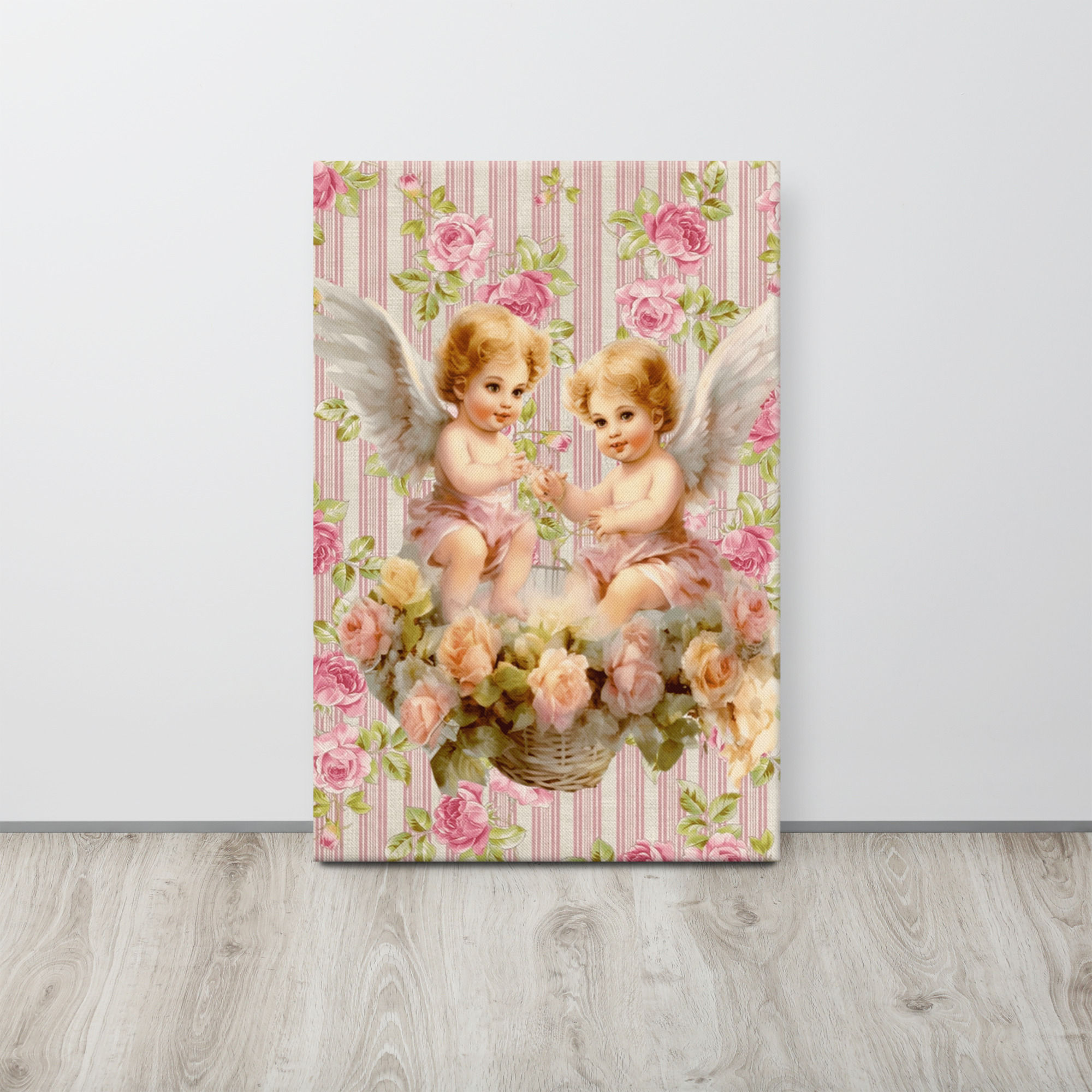 Shabby Angel Art Canvas Pink Roses Victorian Cherub Artistic Wall Decor 