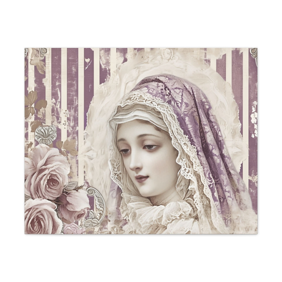 Thumbnail: Shabby Virgin Mary Canvas Art Lavender Roses Distressed Pastel Religious Decor
