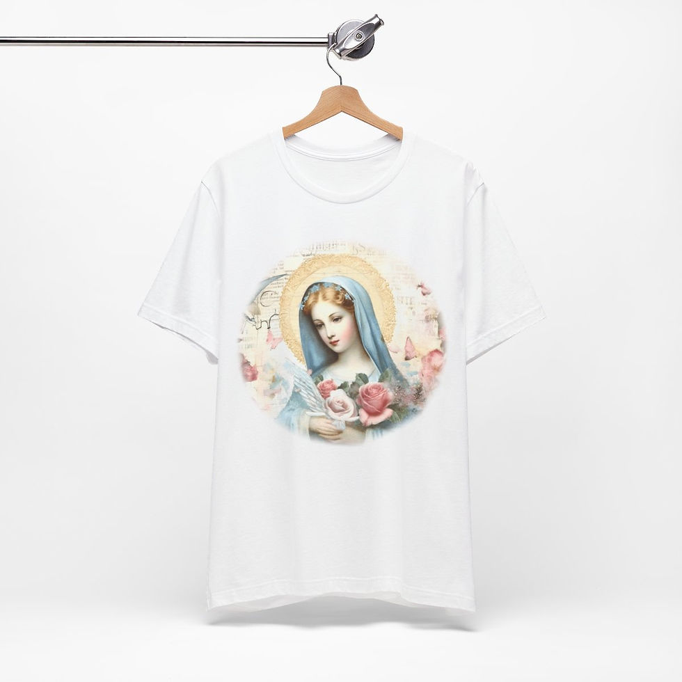 Thumbnail: Virgin Mary T-Shirt Pink Rose Shabby Chic Ave Maria Art Tee Catholic Faith Gift