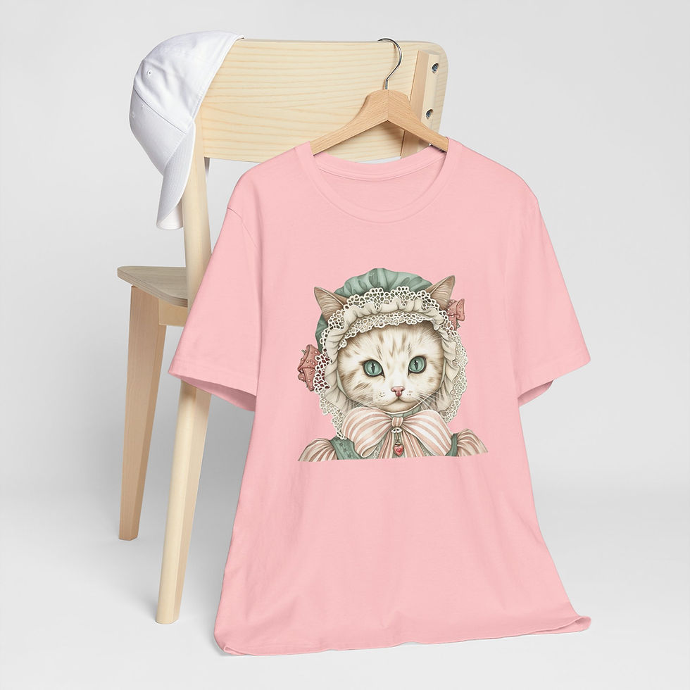 Thumbnail: Victorian Cat Art T-Shirt Shabby Mint & Pink Rose Hat Artistic Cat Lover Gift