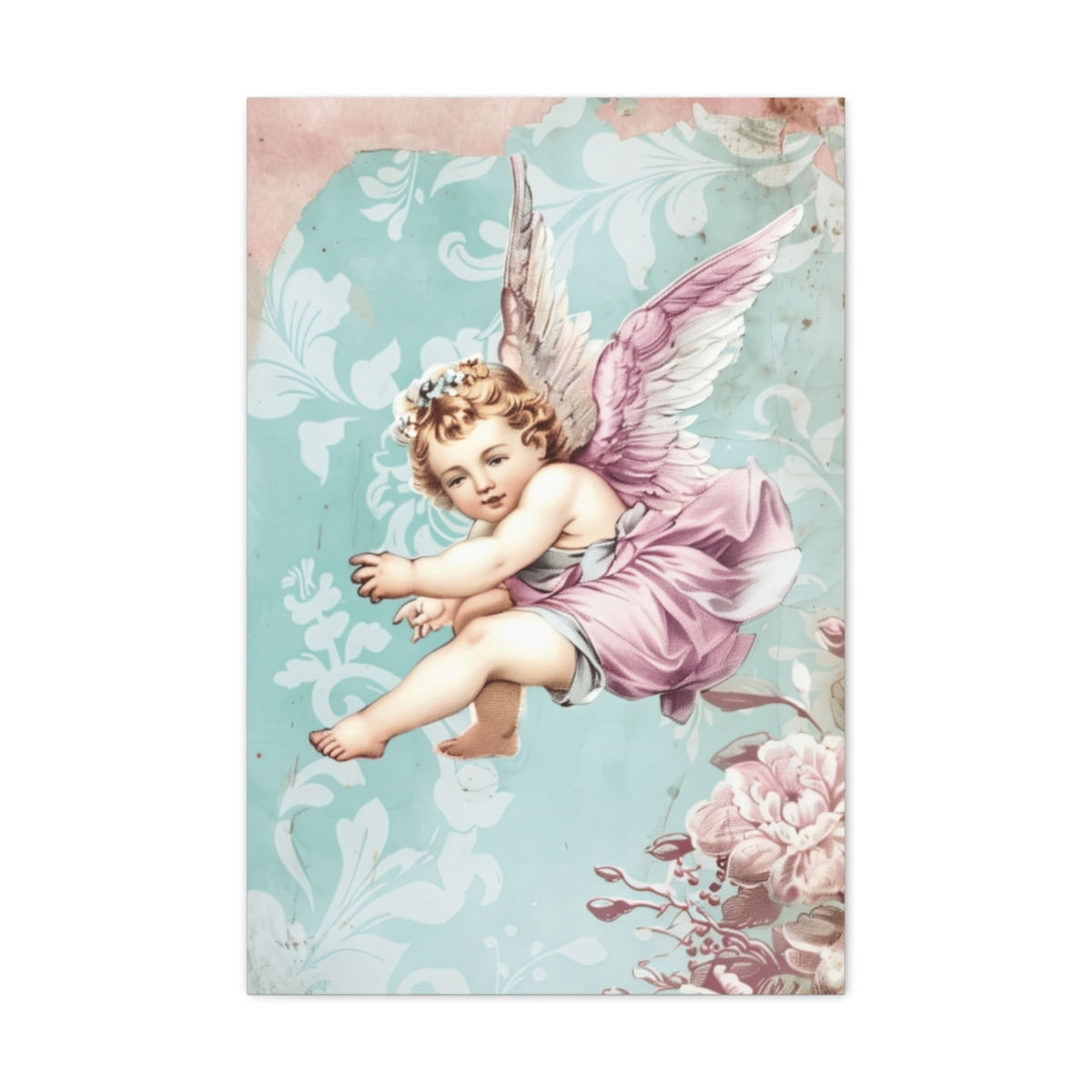 Shabby Distressed Angel Canvas Art Pink Blue French Victorian Cherub Wall Decor 