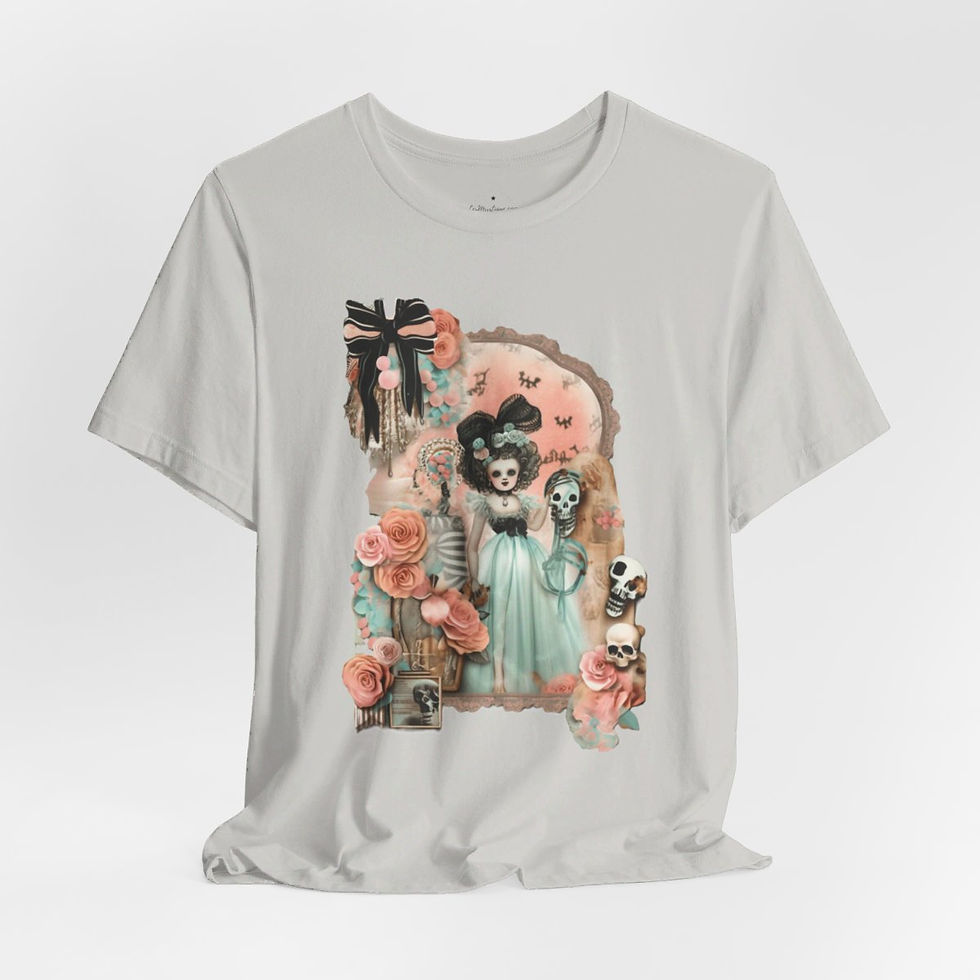 Thumbnail: Halloween T-Shirt Shabby Girl Zombie Skulls Pink Roses Art Tee Trendy Apparel