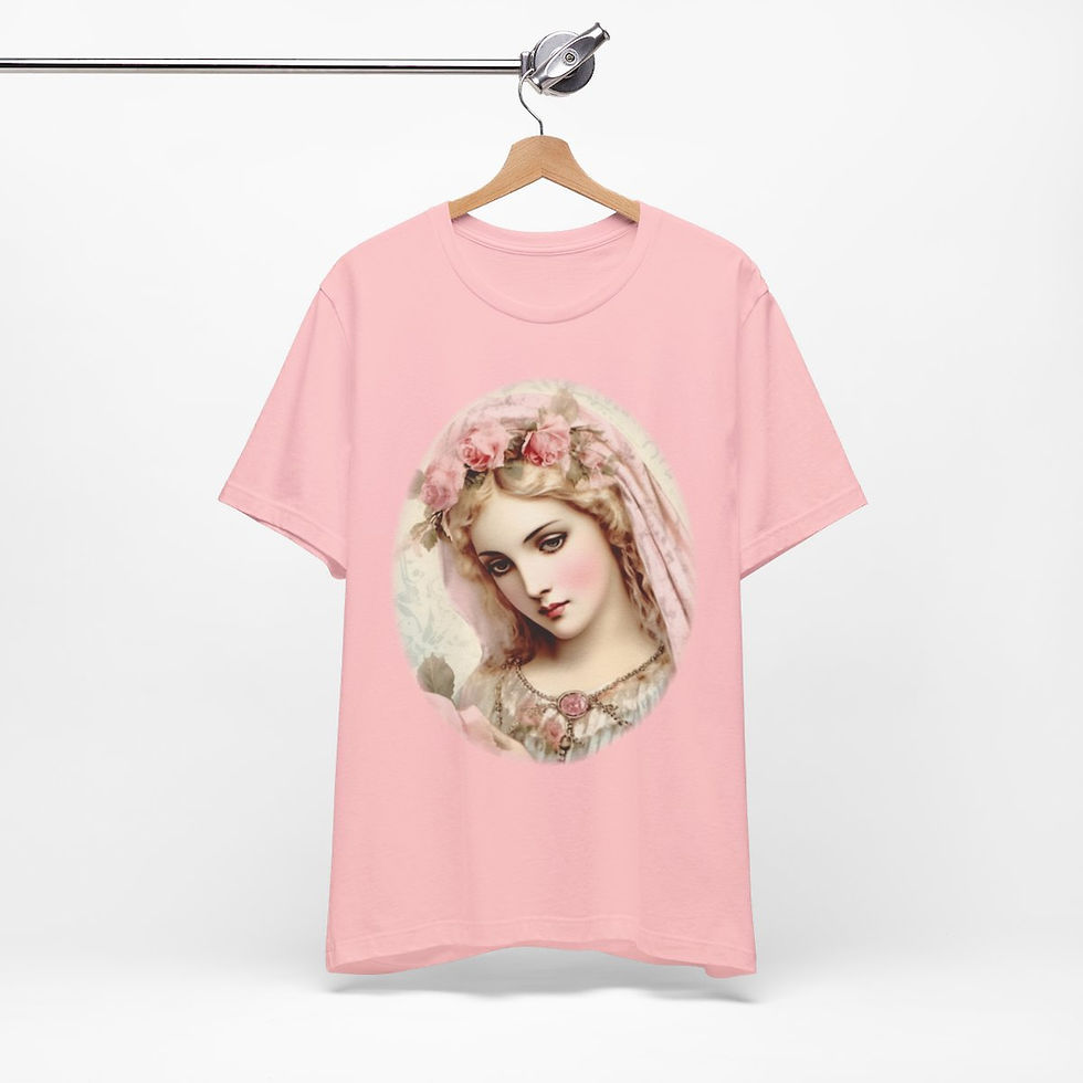 Thumbnail: Virgin Mary T-Shirt Shabby French Madonna Pink Roses Art Tee Catholic Faith Gift