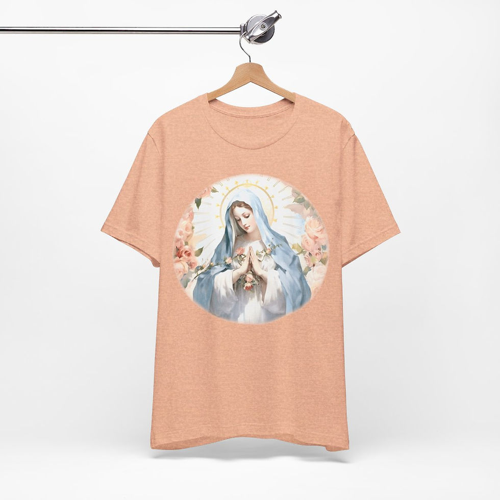Thumbnail: Virgin Mary T-Shirt Pink Rose Shabby Chic Ave Maria Art Tee Catholic Faith Gift