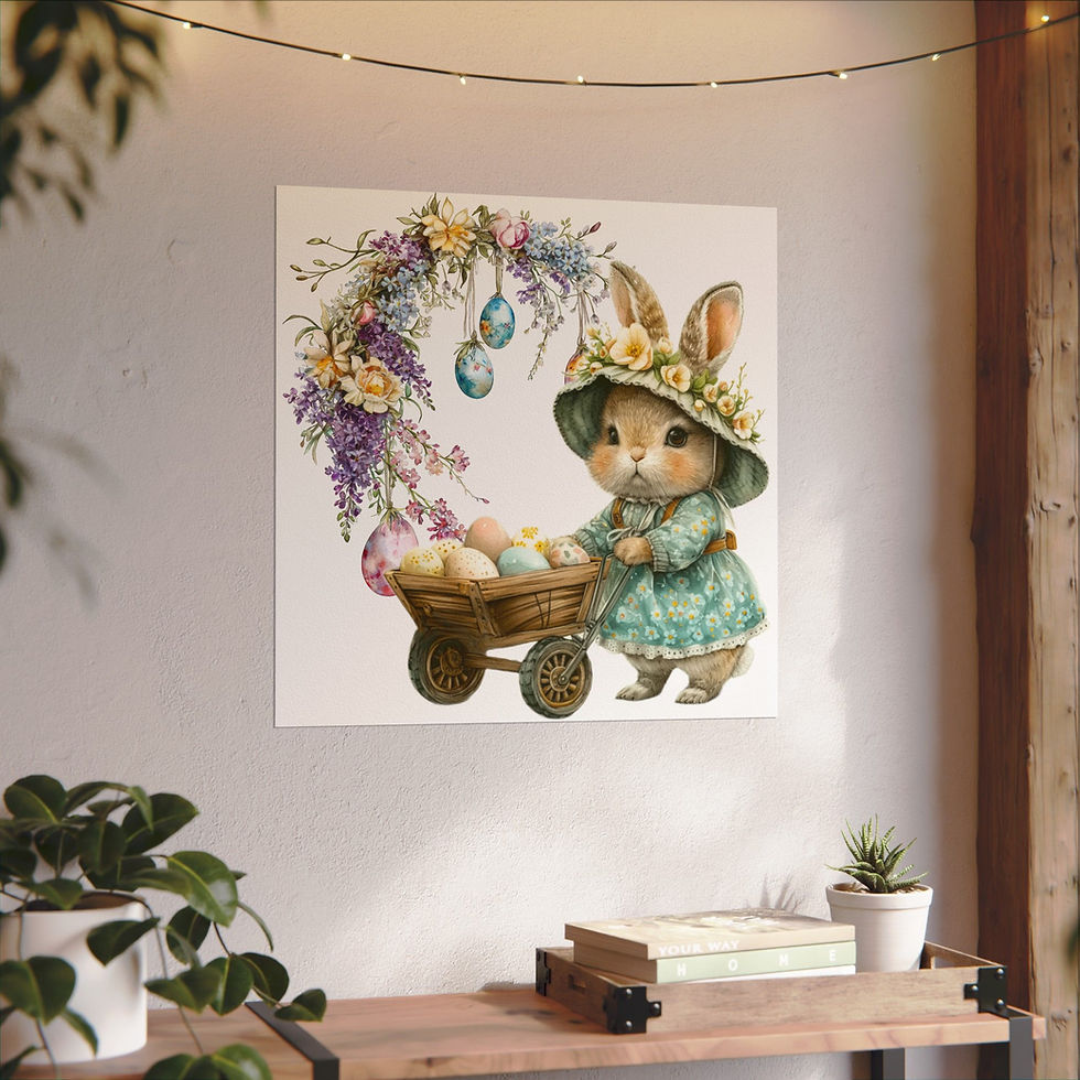 Thumbnail: Shabby Rabbit Watercolor Art Print Bunny w/ Basket of eggs Cottage Spring Decor 