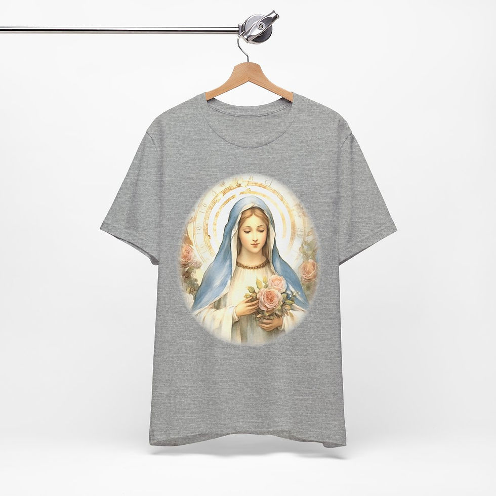 Thumbnail: Virgin Mary T-Shirt Pink Rose Shabby Chic Ave Maria Art Tee Catholic Faith Gift