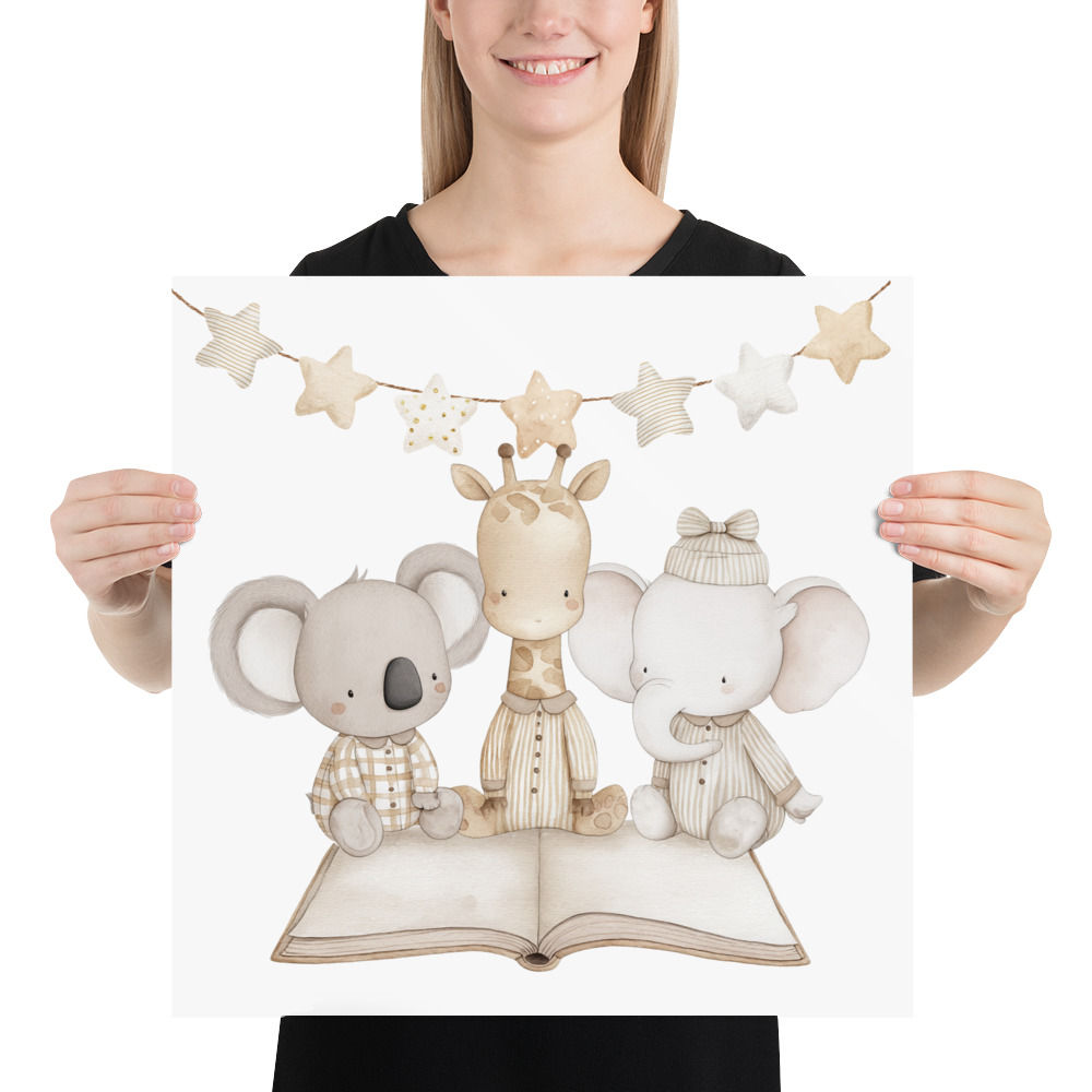 Nursery Decor Bedtime Koala Giraffe Elephant on Books Pastel Watercolor Print