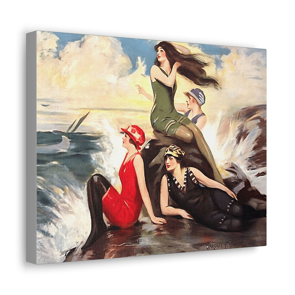 Thumbnail: Vintage Art Canvas Beach Print Beachy Women on Rocks at the Ocean Seashore decor