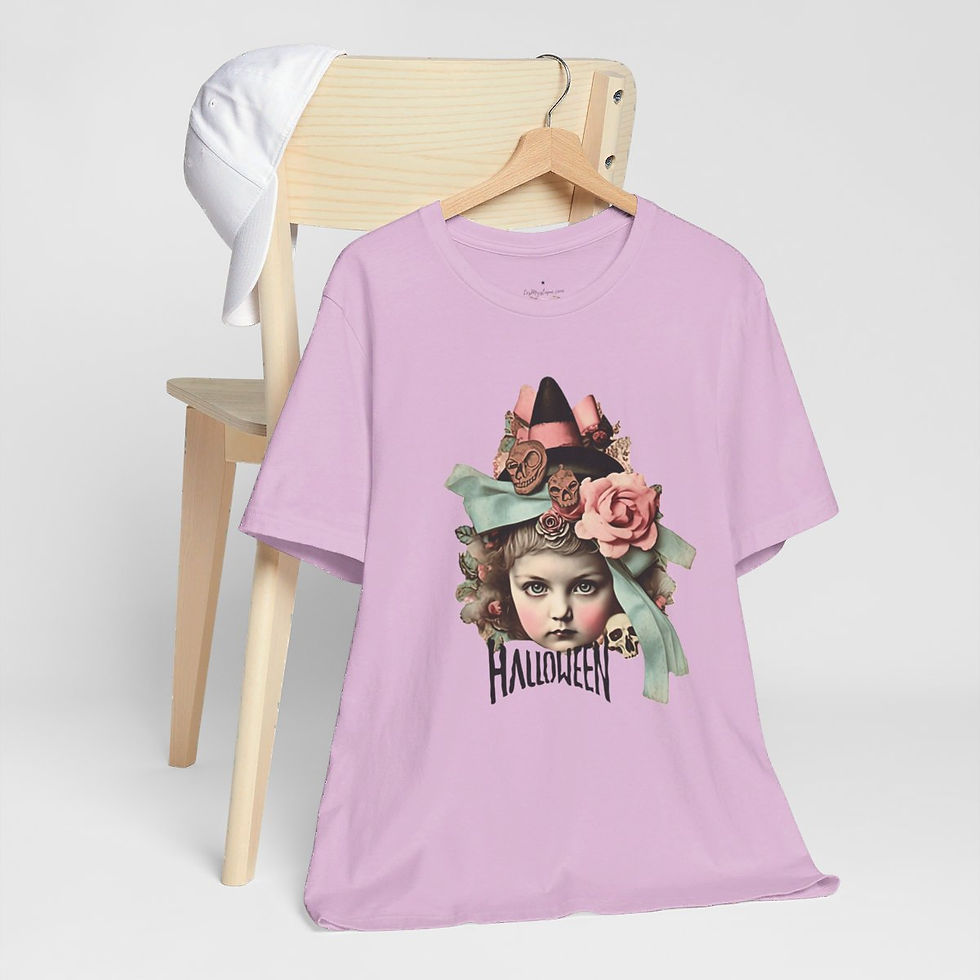 Thumbnail: Halloween T-Shirt Creepy Girl Witch Pink Roses Art Tee Trendy Apparel