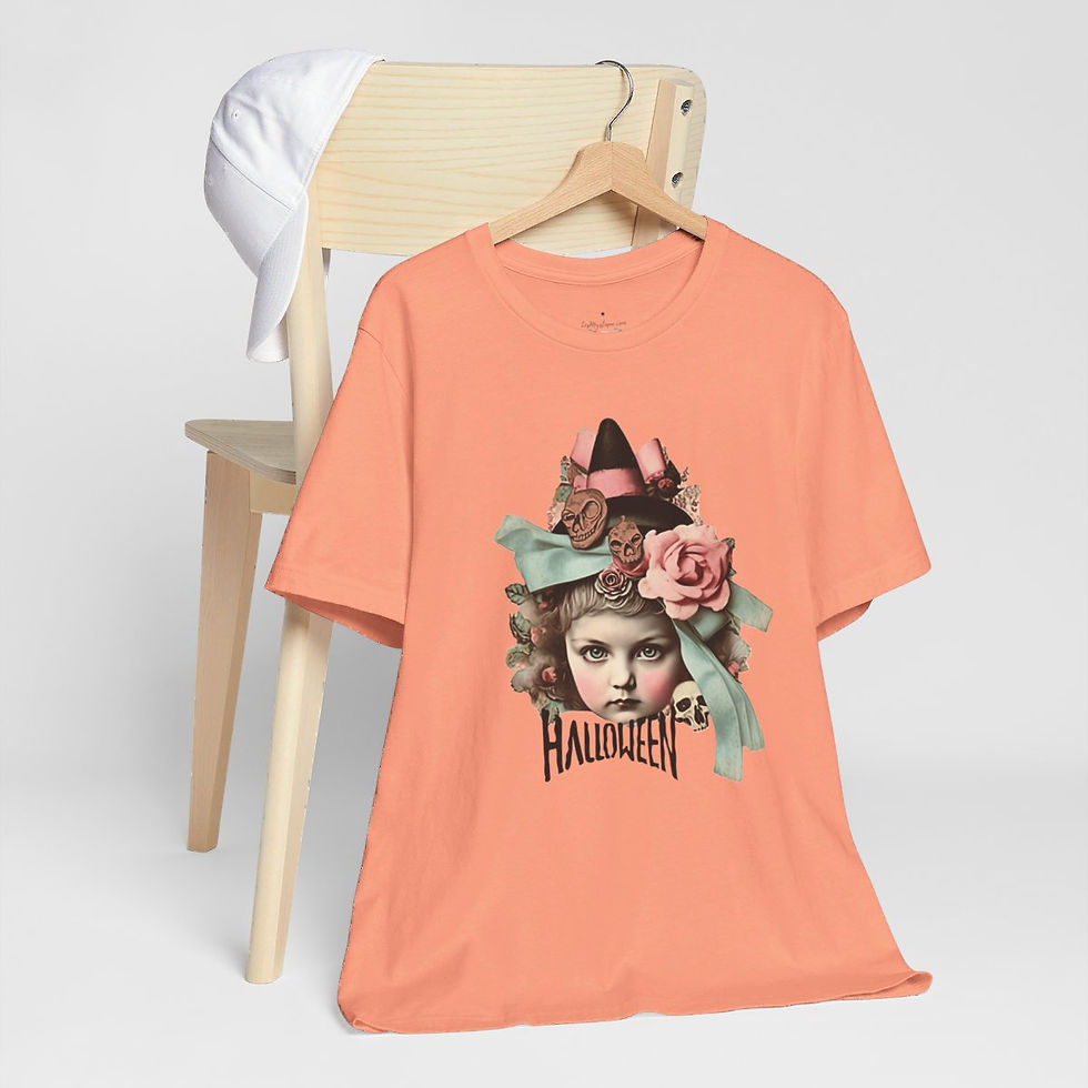 Thumbnail: Halloween T-Shirt Creepy Girl Witch Pink Roses Art Tee Trendy Apparel