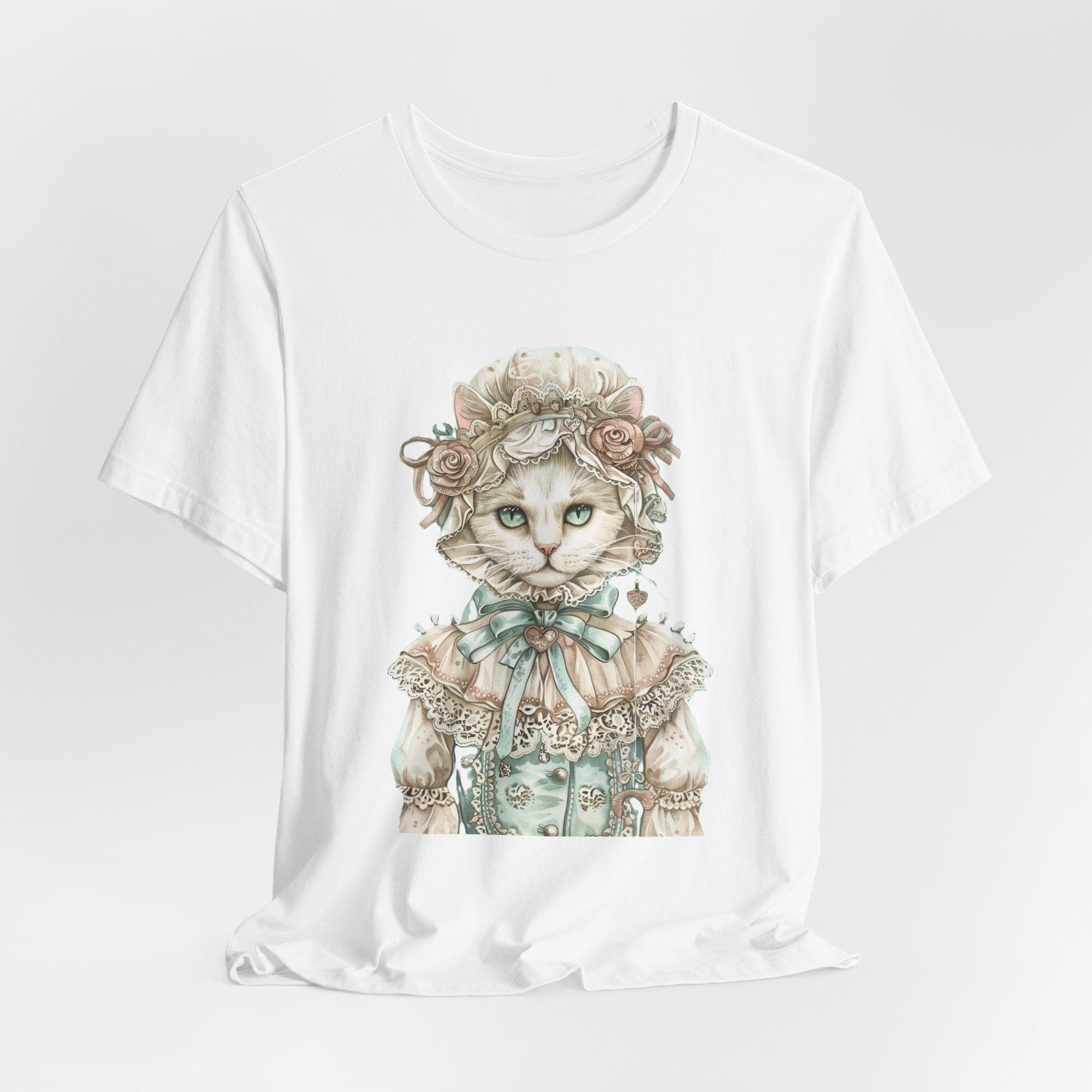 Victorian Cat Art T-Shirt Shabby Mint & Pink Hat Roses Artistic Cat Lover Gift