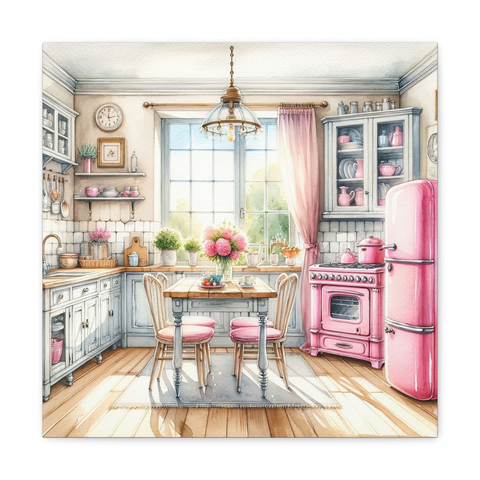 Thumbnail: Pink Retro Kitchen Art Shabby Cottage Farmhouse Kitchen Art Canvas Wall decor