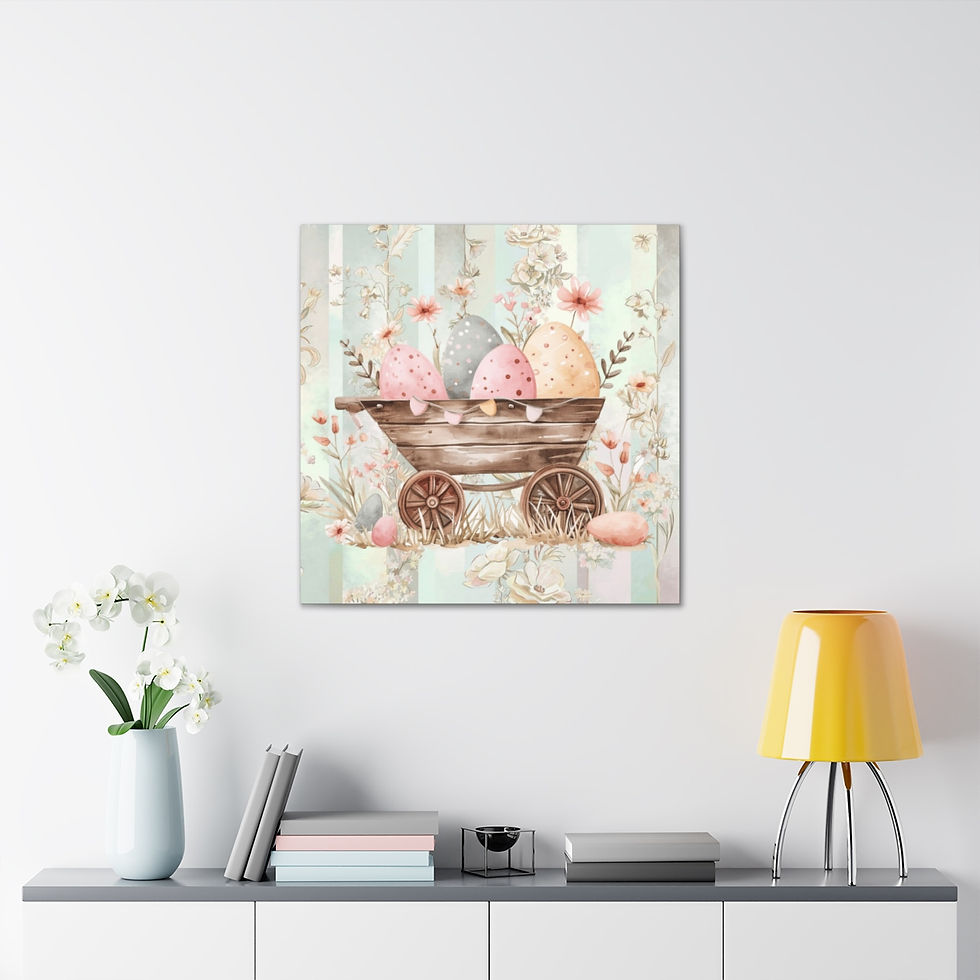 Thumbnail: Vintage Shabby Spring Canvas Art Wagon Pink Flowers Eggs Farmhouse Wall Decor