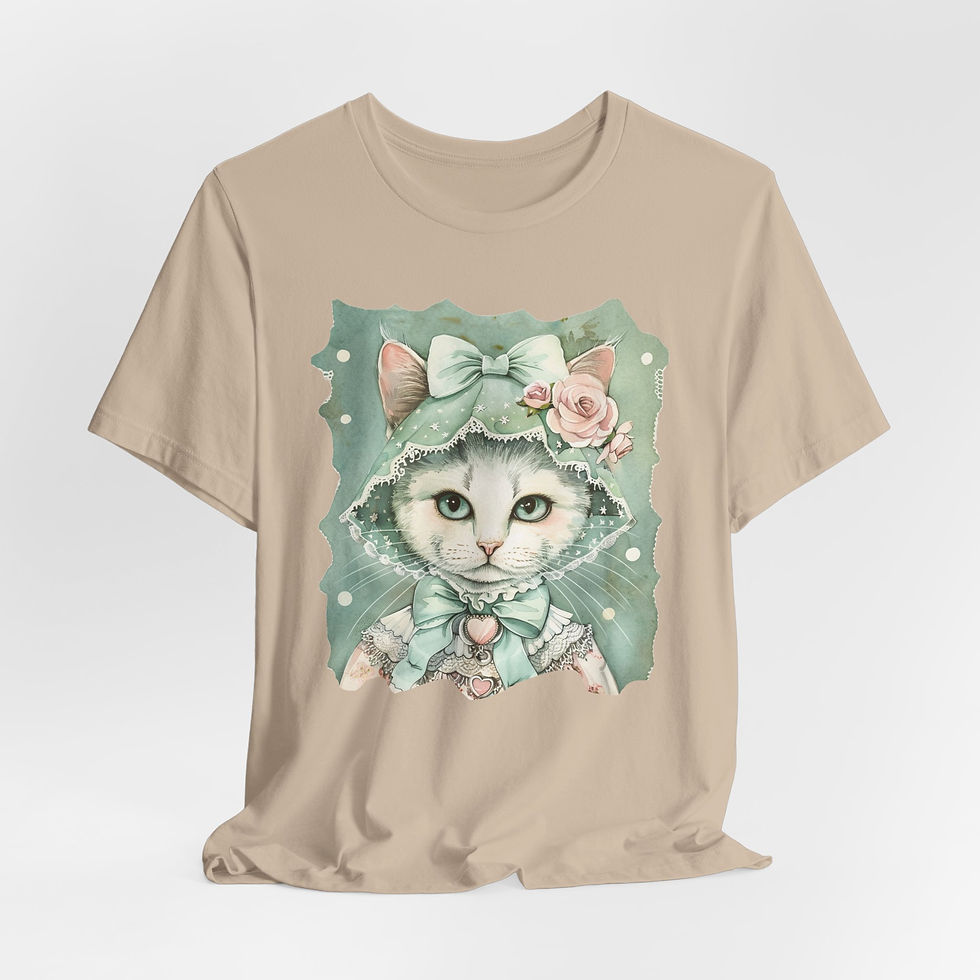 Thumbnail: Victorian Cat Art T-Shirt Shabby Mint & Pink Hat Roses Artistic Cat Lover Gift