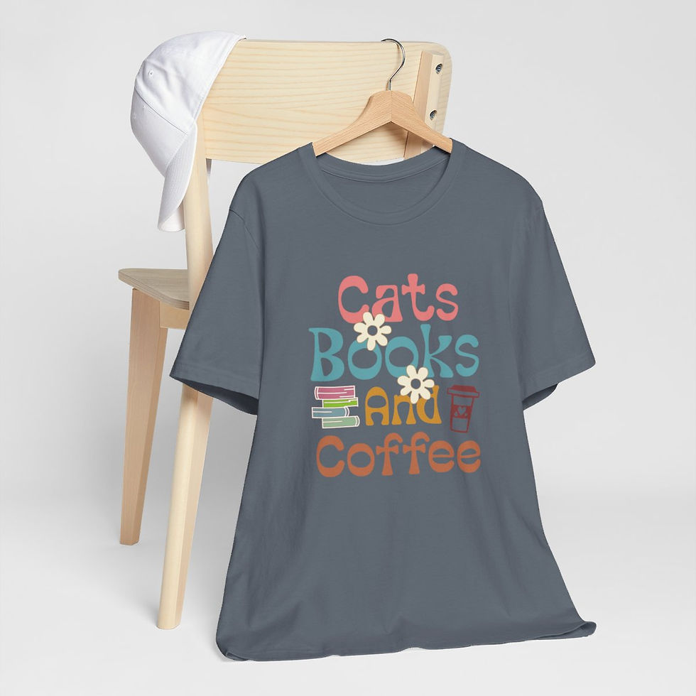 Thumbnail: Reading Theme T-Shirt Cats Book and Coffee Expressive Apparel Artistic Gifts