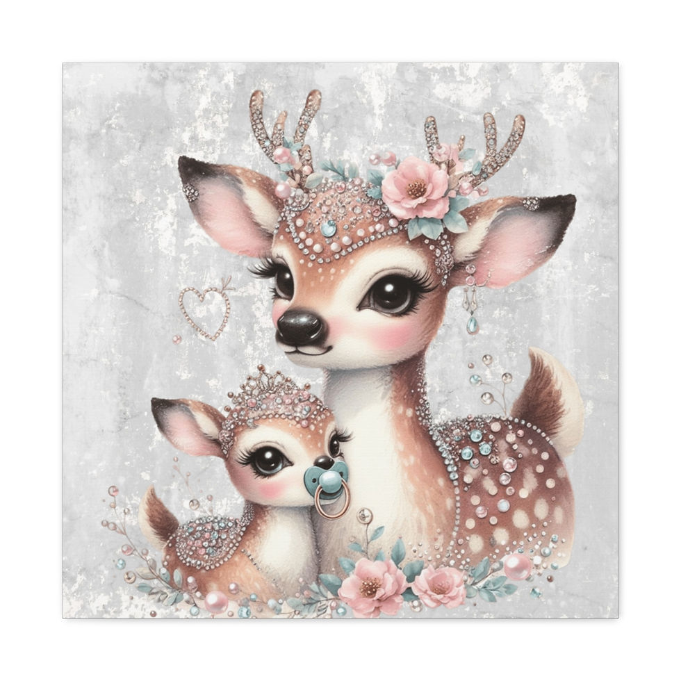 Thumbnail: Artistic Nursery Decor Canvas Art Shabby Jeweled BOHO Mom & Baby Deer Flowers