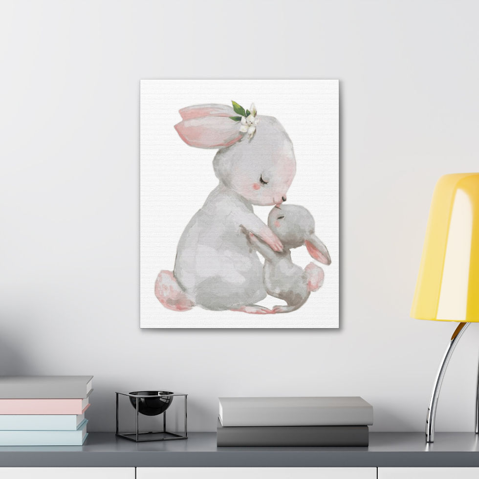 Thumbnail: Nursery Canvas Art Watercolor Print Kissing Bunny Mother & Baby Wall Decor