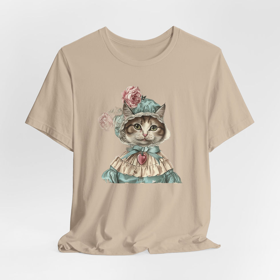 Thumbnail: Victorian Cat Art T-Shirt Shabby Mint & Pink Hat Roses Artistic Cat Lover Gift
