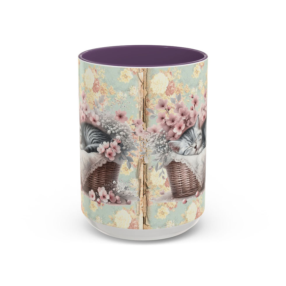 Thumbnail: Shabby Cat Lover Coffee Mug Sleeping Kitten Pink Flowers Chic Artistic Gift 