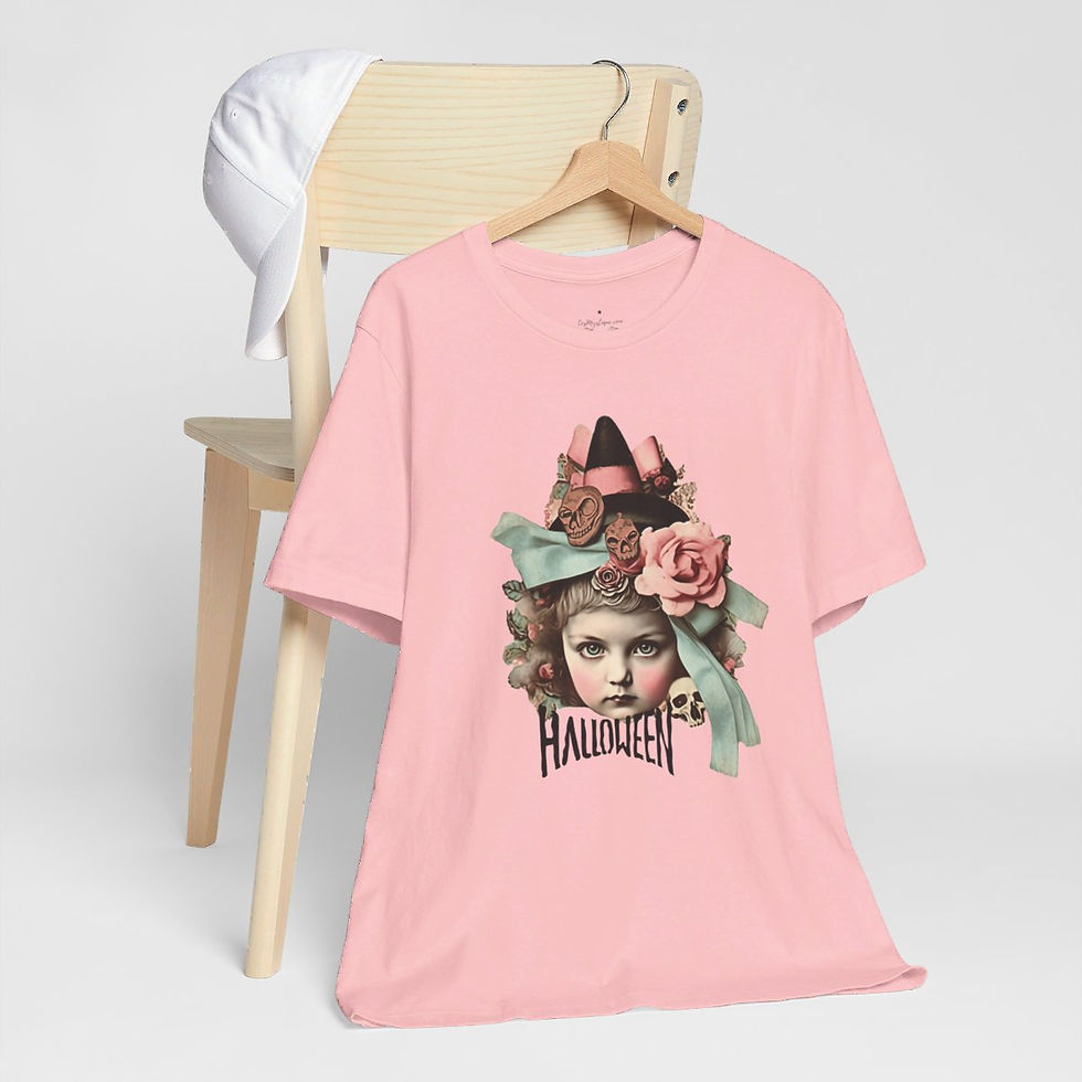 Thumbnail: Halloween T-Shirt Creepy Girl Witch Pink Roses Art Tee Trendy Apparel