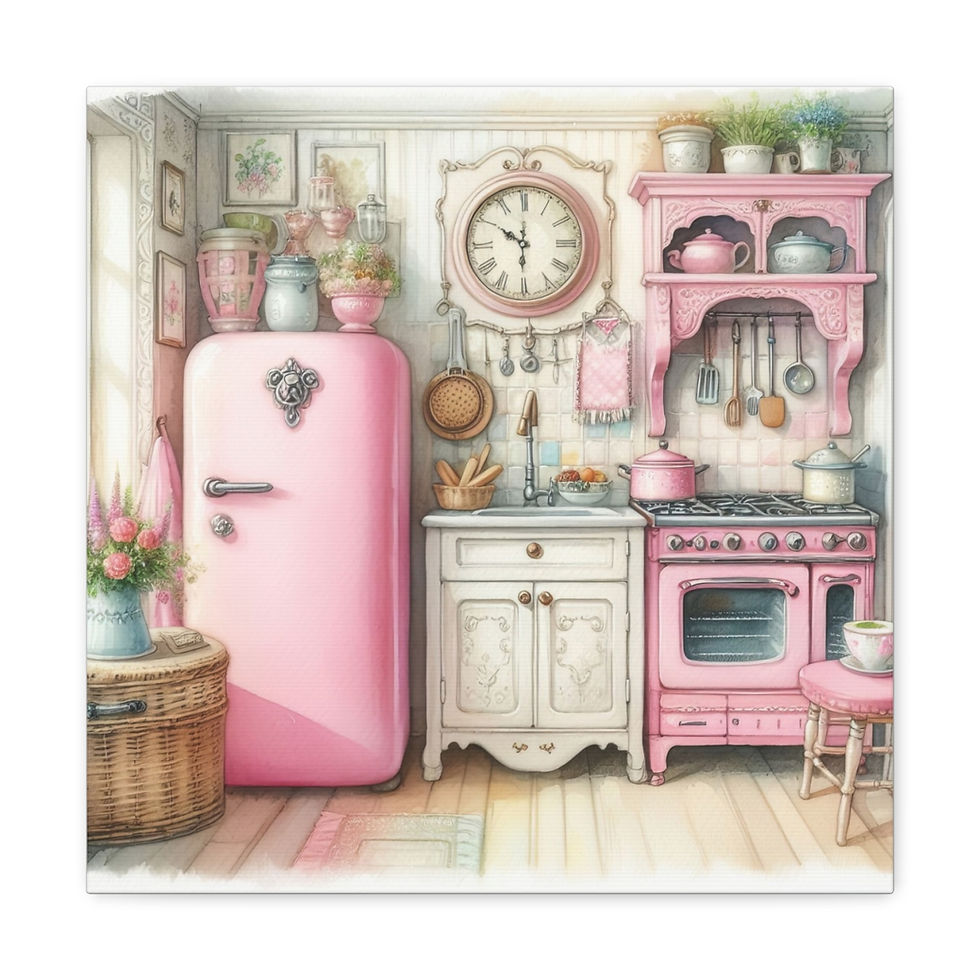 Thumbnail: Pink Retro Kitchen Art Shabby Cottage Farmhouse Kitchen Art Canvas Wall decor
