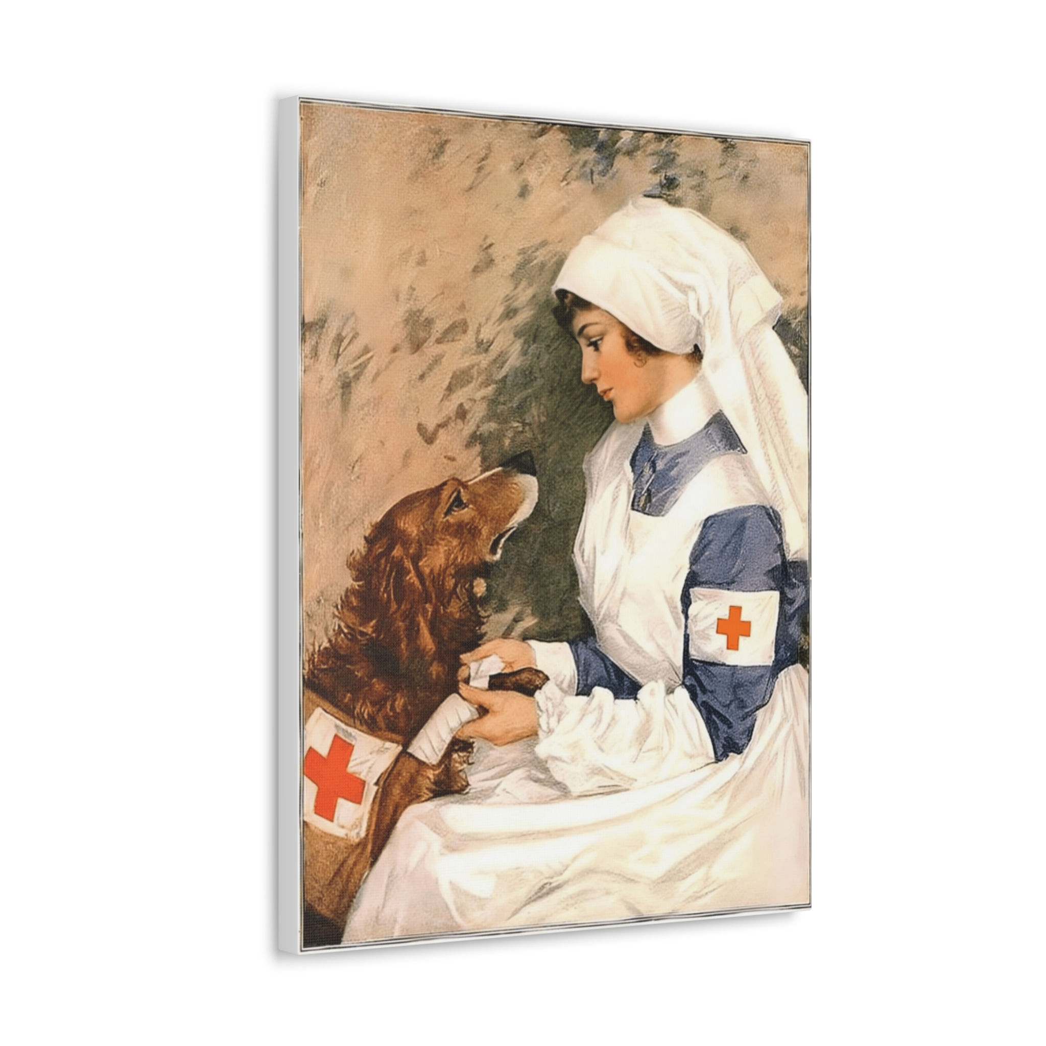 Vintage Art Canvas Red Cross Nurse & Red Cross Dog WWI 1917 Antique Wall Decor 