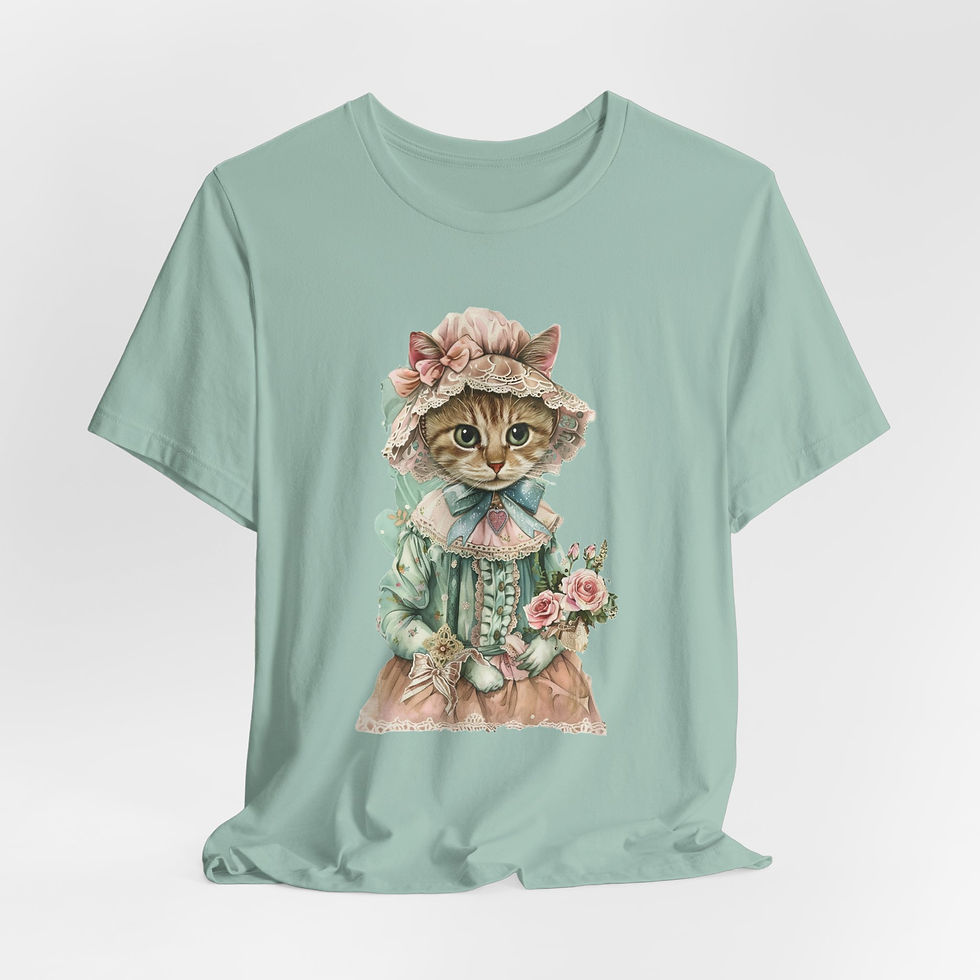 Thumbnail: Victorian Cat Art T-Shirt Shabby Mint & Pink Hat Roses Artistic Cat Lover Gift