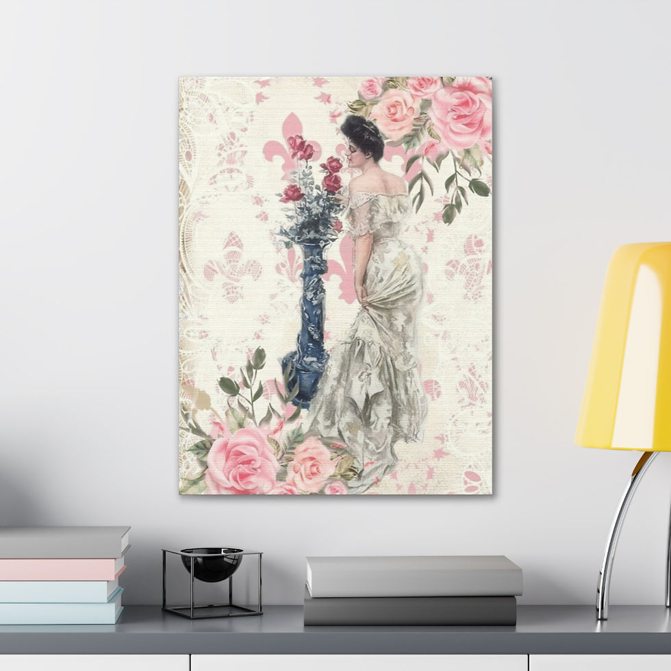 Thumbnail: Shabby French Cottage Art Canvas Beautiful Woman Canvas Print Pink roses