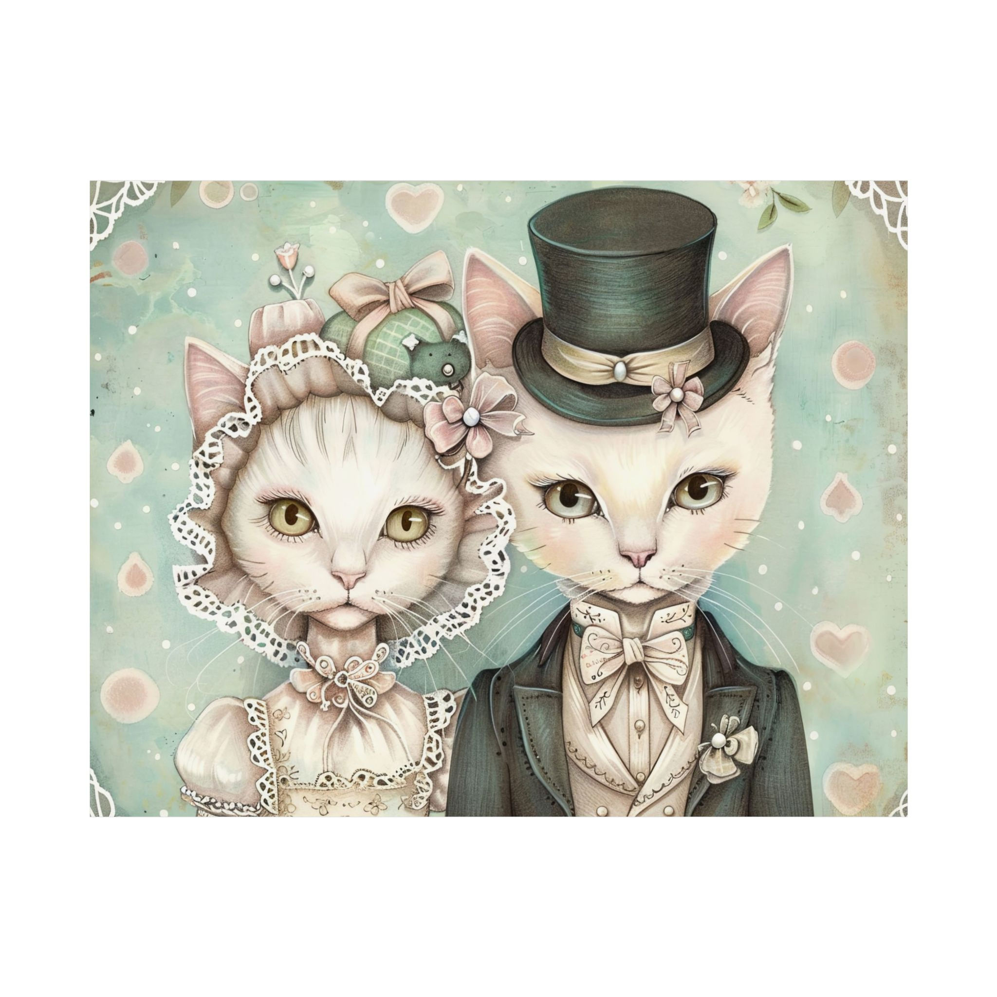 Shabby Cat Couple Giclee Print Victorian Cats in Hats Pink Mint Cat Lover Gift