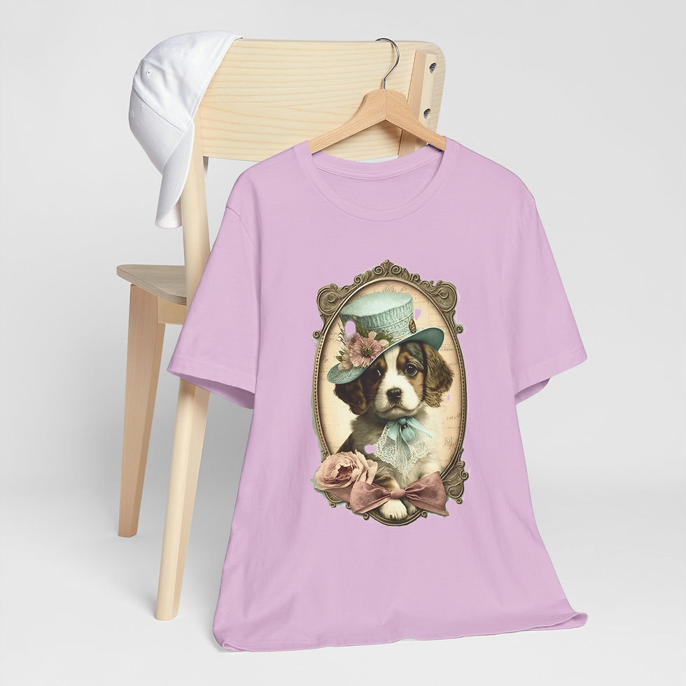 Thumbnail: Victorian Dog T-Shirt Shabby Dog in Hat Pink Roses Artistic Gift Dog Lover Tee