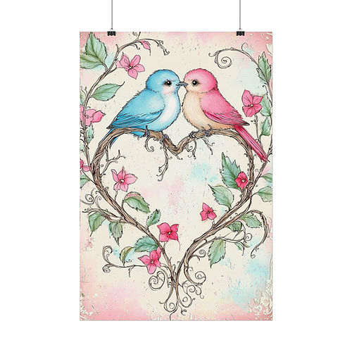 Love Birds Watercolor Art Print Shabby French Country Decor Pastel Pink & Blue