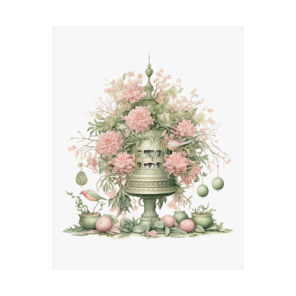 Thumbnail: Shabby French Bird Art Print Vintage Decor Victorian Roses Pink & Green