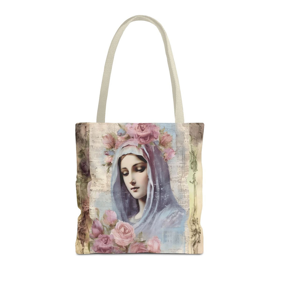 Thumbnail: Shabby Virgin Mary Tote Bag Artistic Mother Mary Pink Roses Serene Catholic Gift