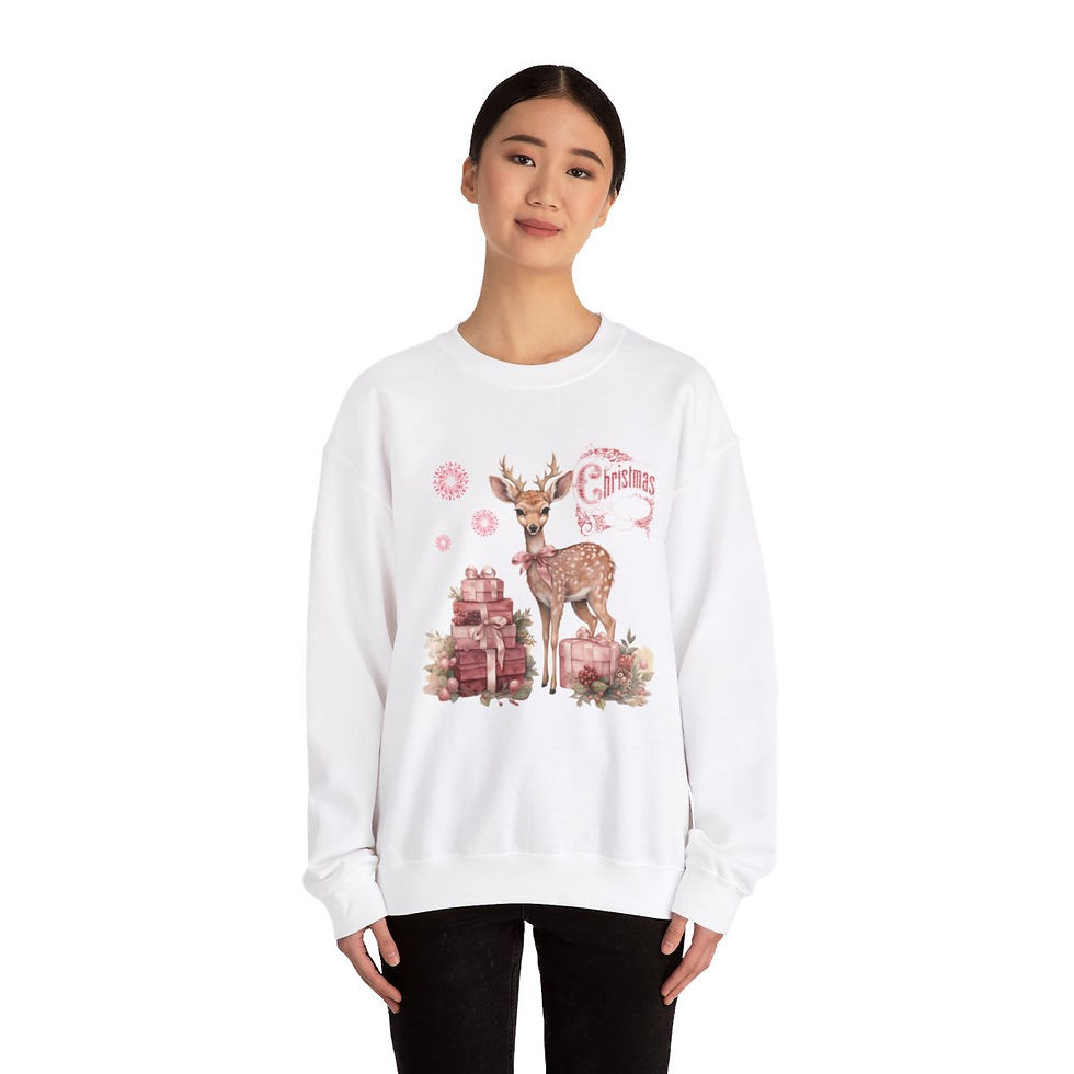 Thumbnail: Shabby Reindeer Christmas Sweatshirt Shabby Snowflakes Deer Wearable Art Shirt