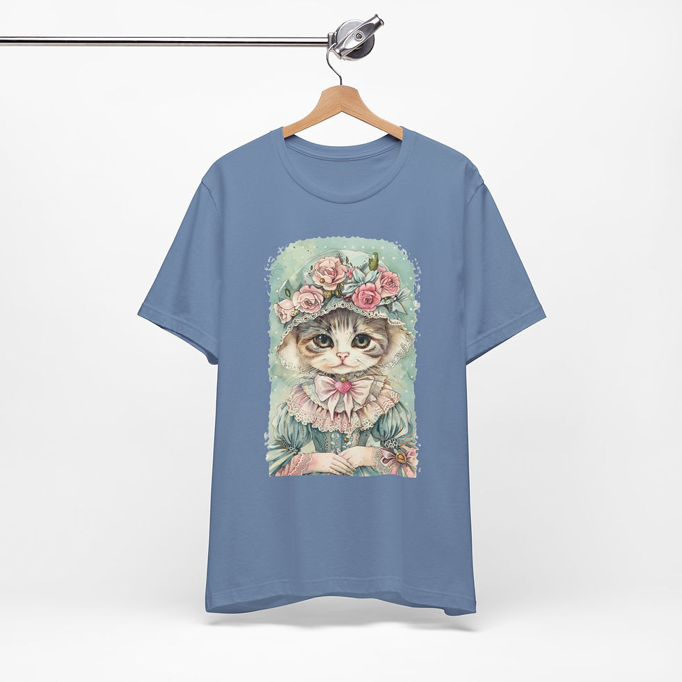 Thumbnail: Victorian Cat Art T-Shirt Shabby Mint & Pink Roses Hat Artistic Cat Lover Gift