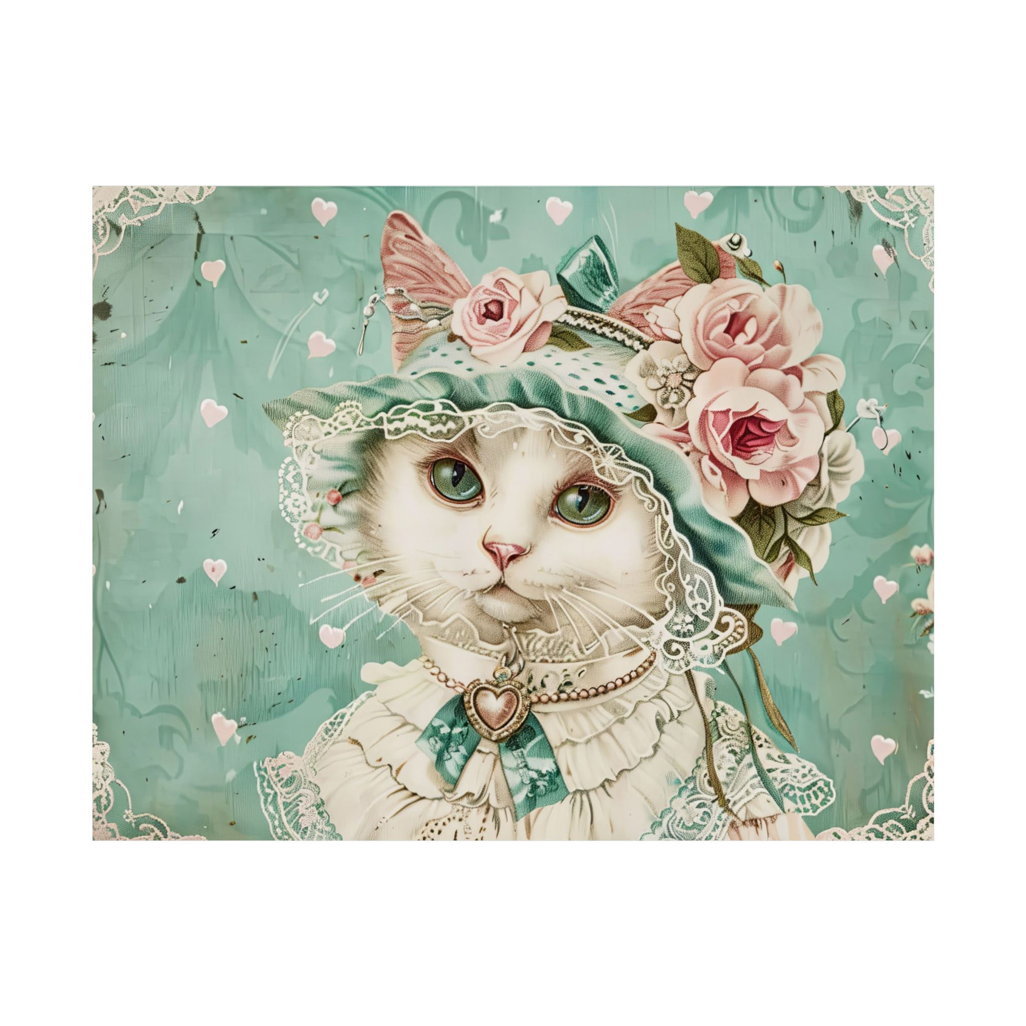 Shabby Cat Art Print Giclee Victorian Kitty in Hat Pink Roses Cat Lover Gift
