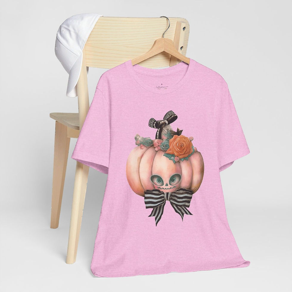 Thumbnail: Halloween T-Shirt Creepy Pumpkin Shabby Pink Roses Art Tee Trendy Apparel Gift